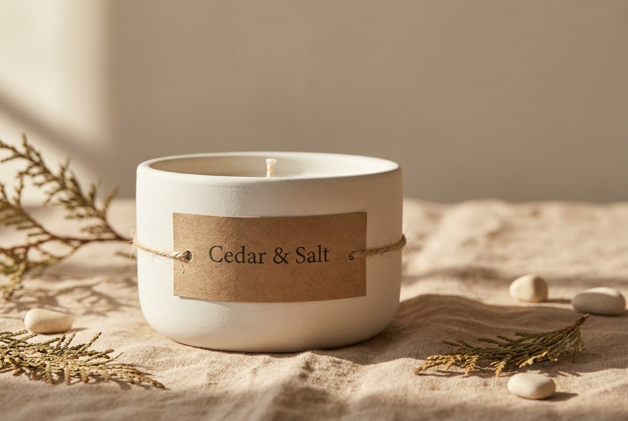 Cedar & Salt soy candle, the kind of rich product photo a human shopper sees